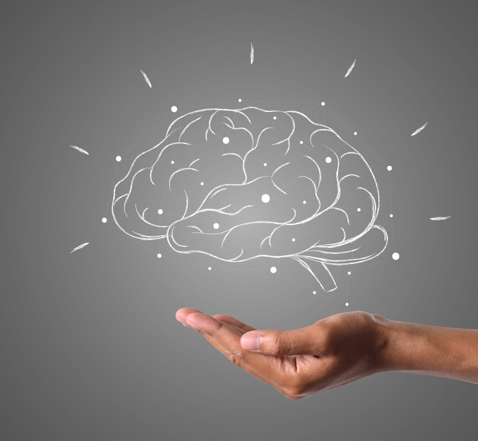 brain writes with white chalk is on hand, draw concept.